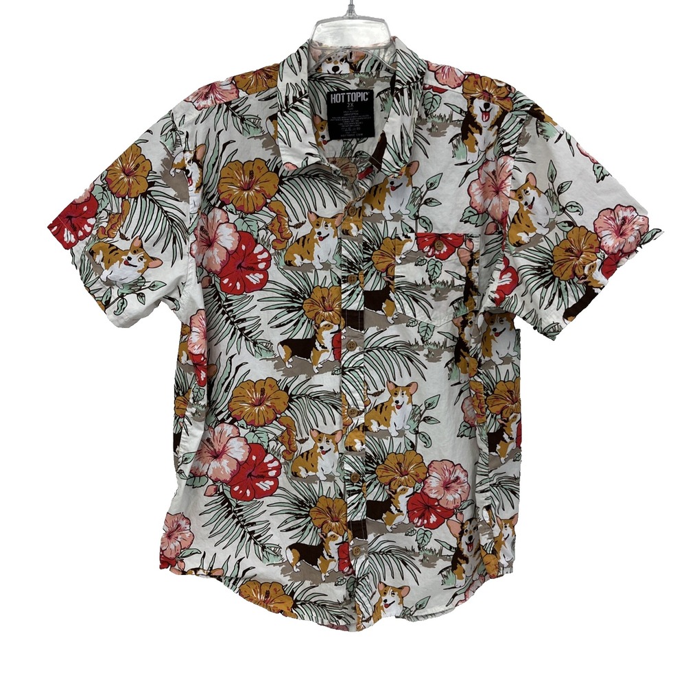 Hot Topic Corgi Tropical Hawaiian Shirt Men's 2XL Short Sleeve Button Up Cotton